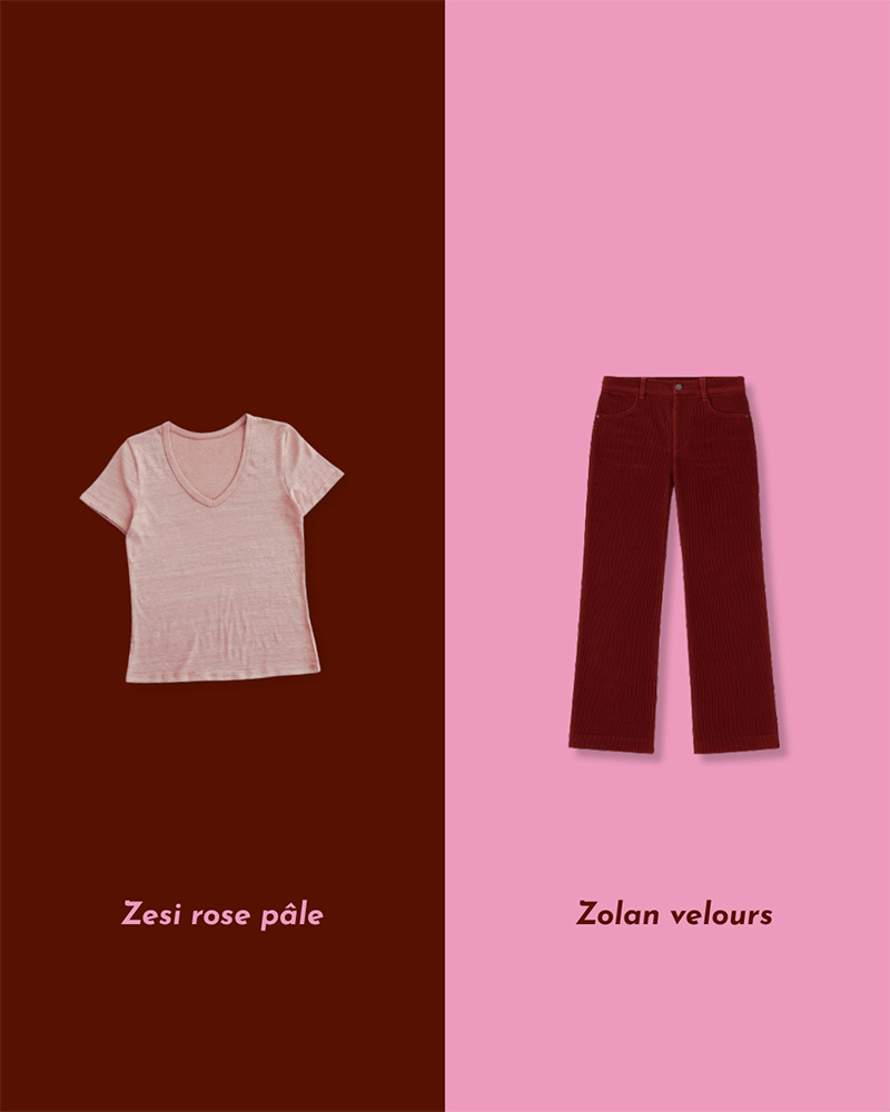 rose pâle + rouge bordeaux = le colorblock parfait. Zesi rose tshirt en lin français + Zolan pantalon en velours rouge bordeaux